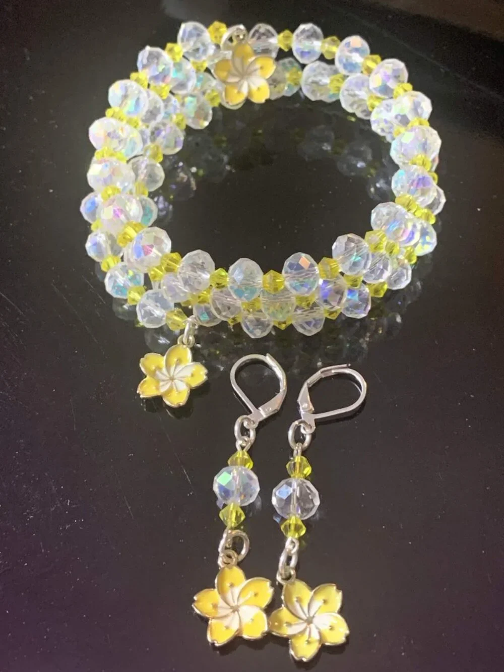 'Golden Sakura' hand crafted glass coil bracelet and earrings set